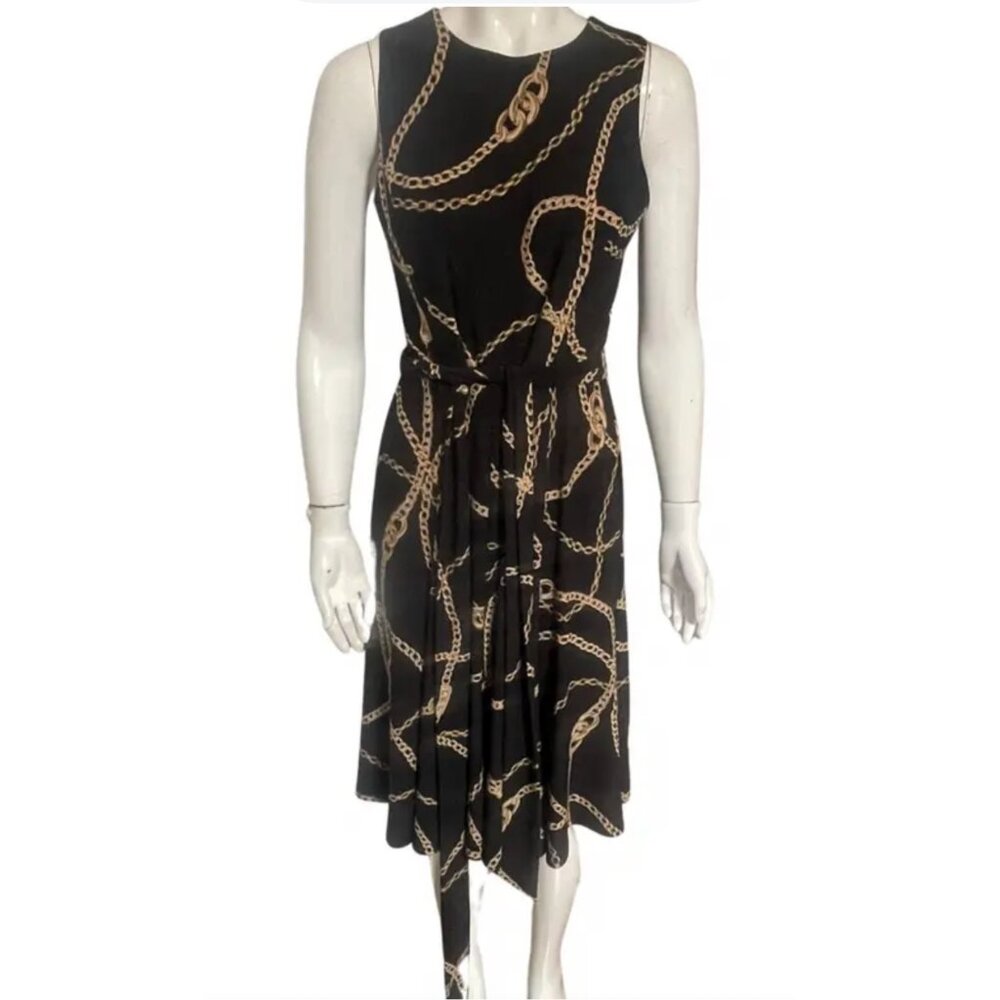 Lauren Ralph Lauren Black Maxi Dress Equestrian Gold Chain Print Sleeveless Sz 4